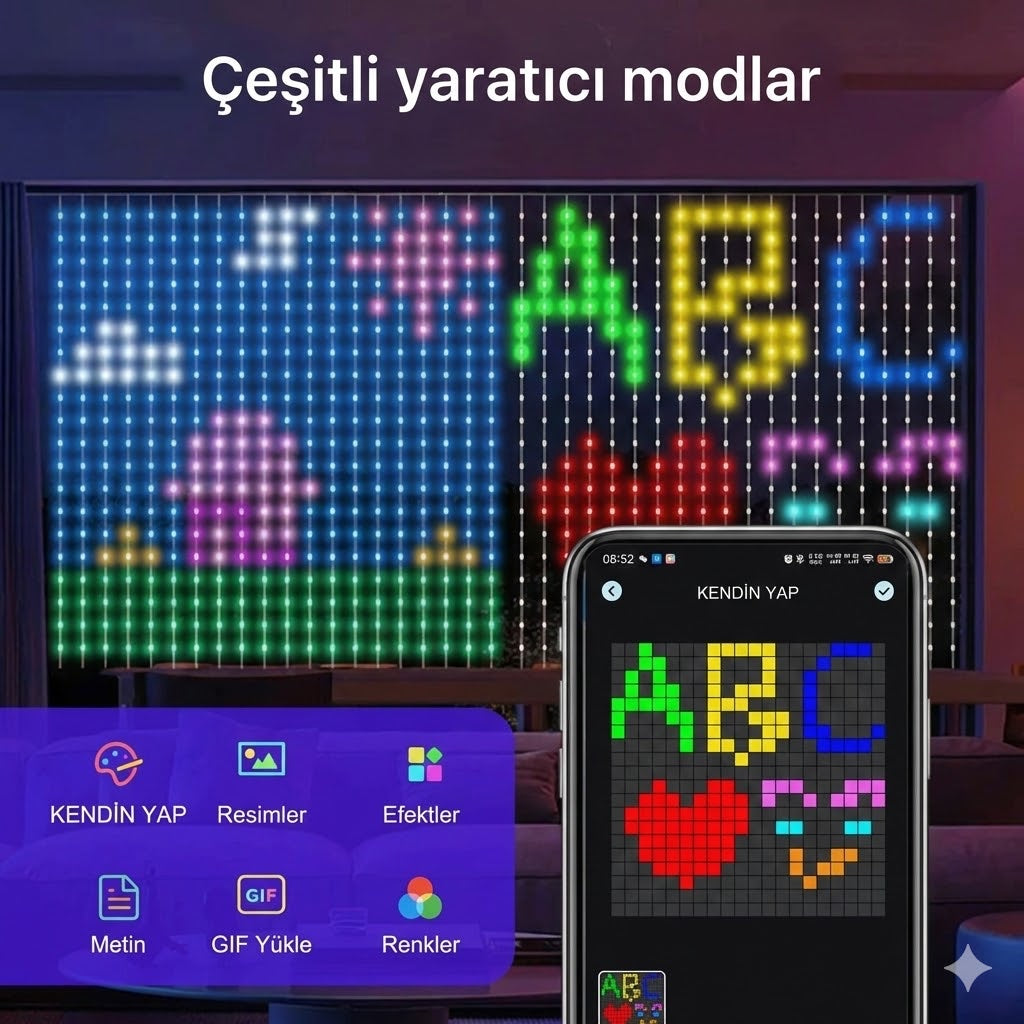 Pixel LED Perde Işık – Fotoğraf ve Yazı Yansıtma (2x2m - 400 LED)